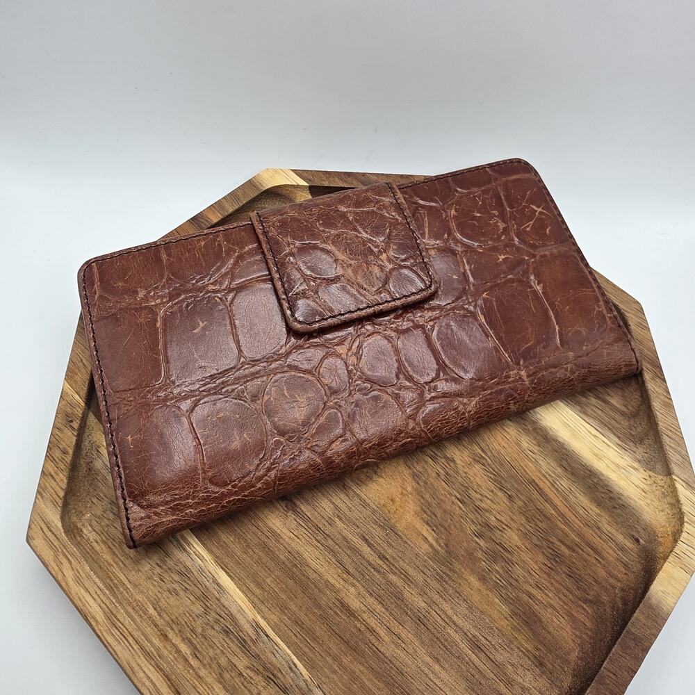 Fossil Brown Croc Embossed Leather Clutch Wallet Pink Interior Organizer